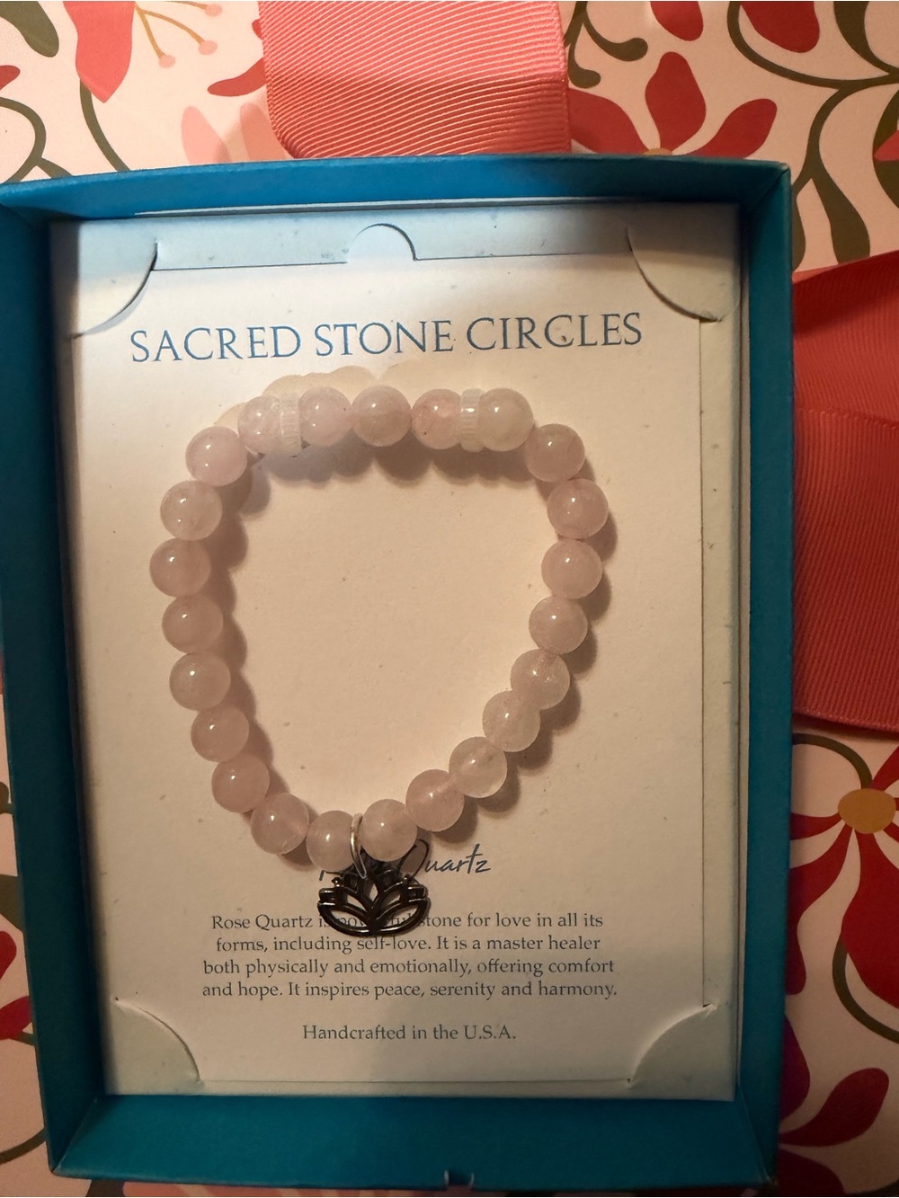 NWT Stone Circle Rose Quartz Beaded Bracelet with Lotus Charm